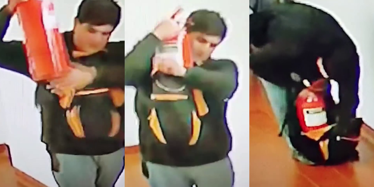 Universidad de Moreno: robó un matafuego y las cámaras registraron toda la secuencia