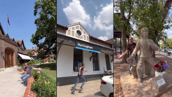 El humorista Lea Igounet en distintos puntos emblemático de Hurlingham que aparecen en su video sobre esta ciudad del Oeste